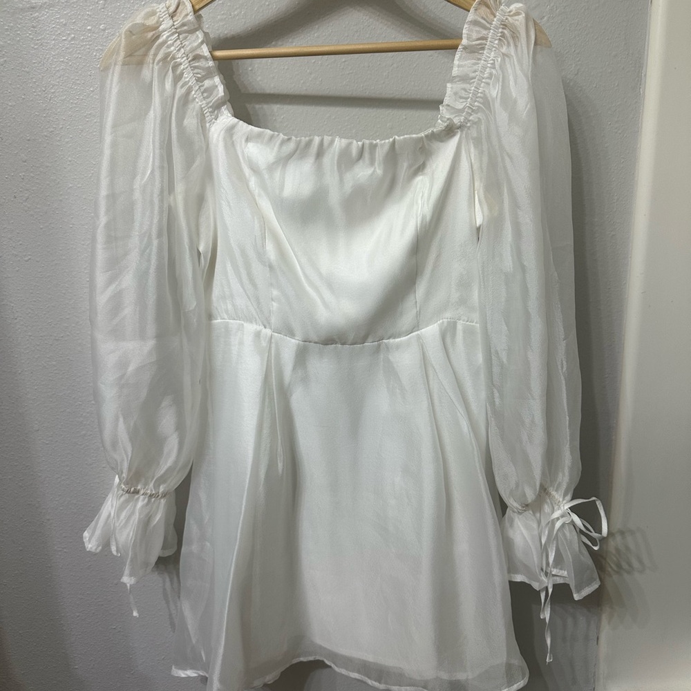 Lulu's White Sheer Chiffon Ruffle Dress with Puff Sleeves